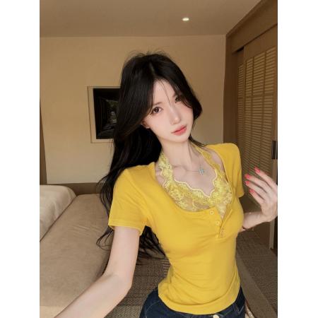 BY17495# 辣妹性感设计感蕾丝挂脖拼接假两件修身收腰短袖上衣 服裝批發女裝批發服飾貨源