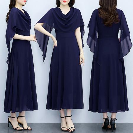 藏蓝色气质显白连衣裙春夏新收腰...