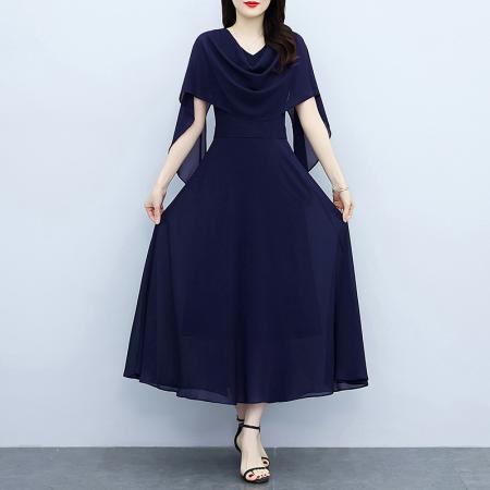 BY17497# 藏蓝色气质显白连衣裙春夏新收腰显瘦设计感假两件长裙 服裝批發女裝批發服飾貨源