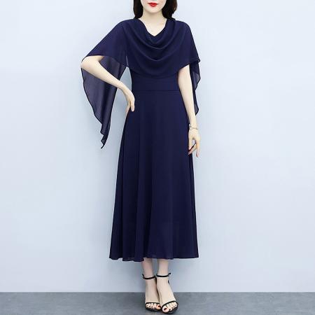 BY17497# 藏蓝色气质显白连衣裙春夏新收腰显瘦设计感假两件长裙 服裝批發女裝批發服飾貨源