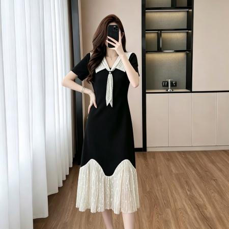 BY17499# 轻奢简约舒适感拼接重工刺绣瘦气质连衣裙JT 服裝批發女裝批發服飾貨源