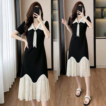 BY17499# 轻奢简约舒适感拼接重工刺绣瘦气质连衣裙JT 服裝批發女裝批發服飾貨源