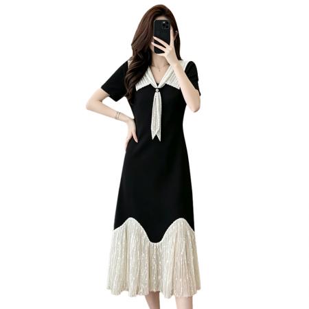 BY17499# 轻奢简约舒适感拼接重工刺绣瘦气质连衣裙JT 服裝批發女裝批發服飾貨源