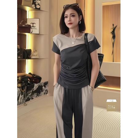 职业通勤百搭套装夏季新款休闲时尚拼色短袖T恤阔腿裤两件套 服裝批發女裝批發服飾貨源