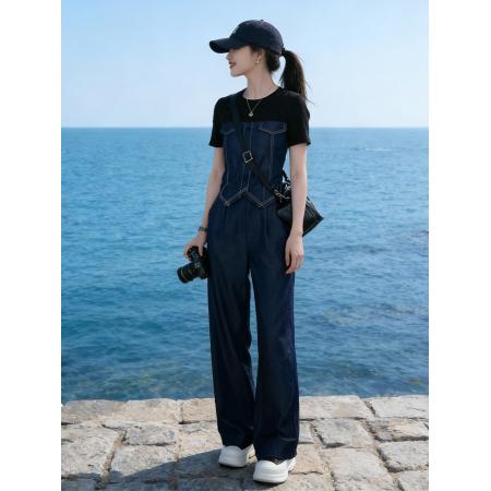 撞色时尚套装女小众轻奢仿牛仔拼接短袖T恤长裤夏季穿搭一整套 服裝批發女裝批發服飾貨源