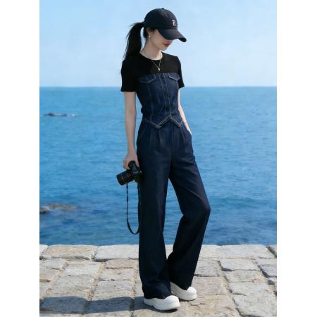撞色时尚套装女小众轻奢仿牛仔拼接短袖T恤长裤夏季穿搭一整套 服裝批發女裝批發服飾貨源