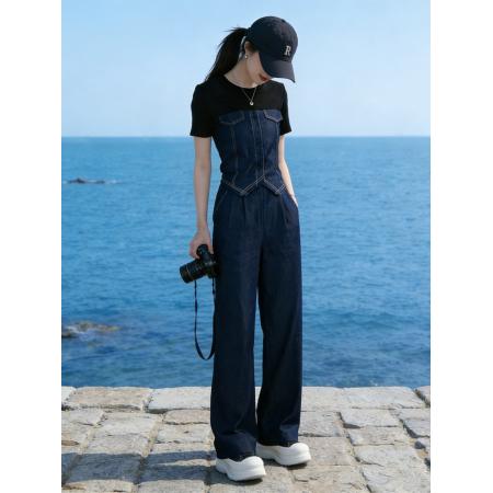 撞色时尚套装女小众轻奢仿牛仔拼接短袖T恤长裤夏季穿搭一整套 服裝批發女裝批發服飾貨源