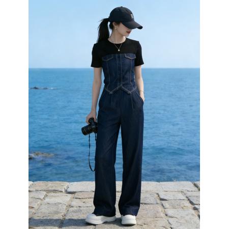 撞色时尚套装女小众轻奢仿牛仔拼接短袖T恤长裤夏季穿搭一整套 服裝批發女裝批發服飾貨源
