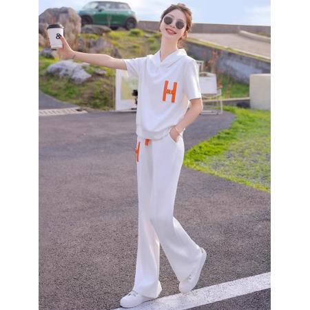欧货高端运动套装女夏季洋气炸街设计感连帽短袖休闲阔腿裤两件套 服裝批發女裝批發服飾貨源