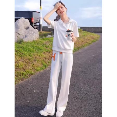 欧货高端运动套装女夏季洋气炸街设计感连帽短袖休闲阔腿裤两件套 服裝批發女裝批發服飾貨源