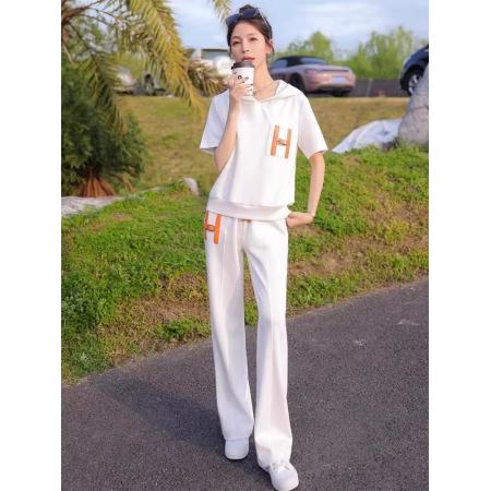 欧货高端运动套装女夏季洋气炸街设计感连帽短袖休闲阔腿裤两件套 服裝批發女裝批發服飾貨源