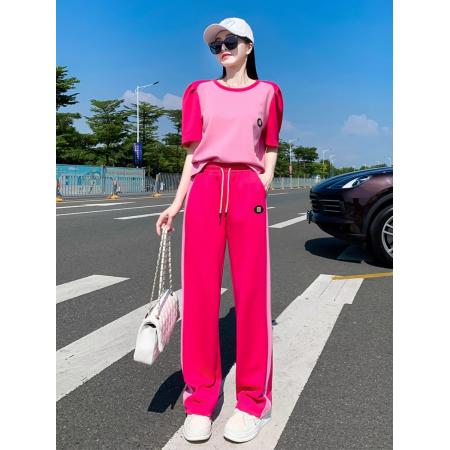 粉色直筒裤流行一整套女装休闲长款修身收腰近拼色圆领T恤两件套 服裝批發女裝批發服飾貨源