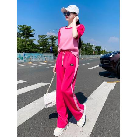 BY17507# 粉色直筒裤流行一整套女装休闲长款修身收腰近拼色圆领T恤两件套 服裝批發女裝批發服飾貨源