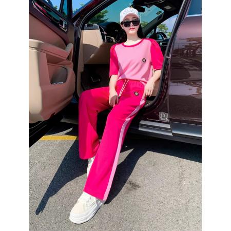BY17507# 粉色直筒裤流行一整套女装休闲长款修身收腰近拼色圆领T恤两件套 服裝批發女裝批發服飾貨源