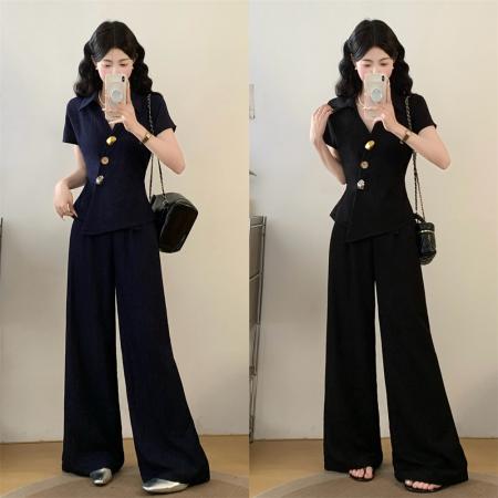 高级感套装老钱风胖mm夏季新款设计感上衣+遮肉阔腿裤两件套 服裝批發女裝批發服飾貨源