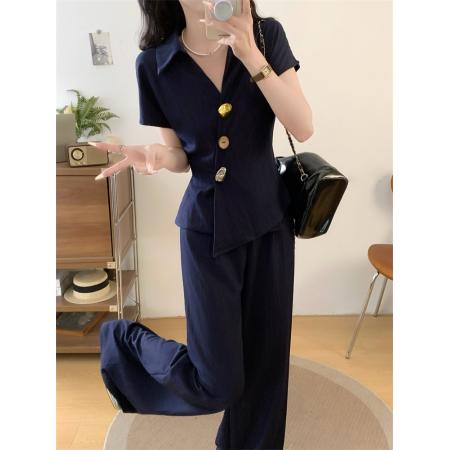 高级感套装老钱风胖mm夏季新款设计感上衣+遮肉阔腿裤两件套 服裝批發女裝批發服飾貨源