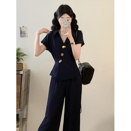 高级感套装老钱风胖mm夏季新款设计感上衣+遮肉阔腿裤两件套 服裝批發女裝批發服飾貨源