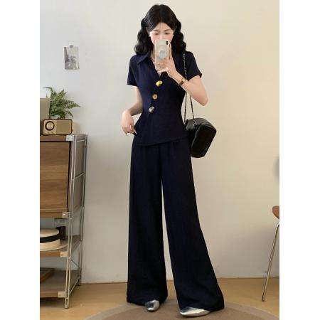 高级感套装老钱风胖mm夏季新款设计感上衣+遮肉阔腿裤两件套 服裝批發女裝批發服飾貨源