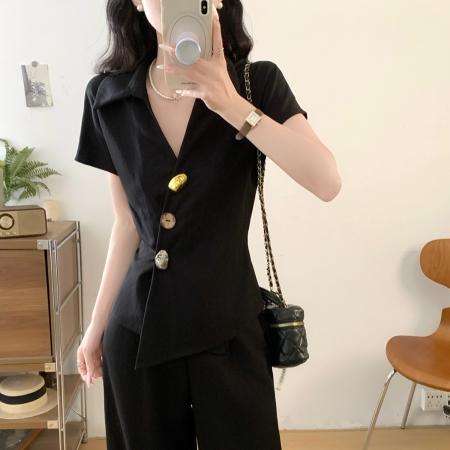 高级感套装老钱风胖mm夏季新款设计感上衣+遮肉阔腿裤两件套 服裝批發女裝批發服飾貨源