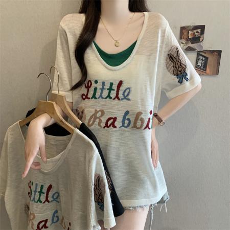 夏季新款大码假两件针织衫宽松显瘦薄款上衣 服裝批發女裝批發服飾貨源