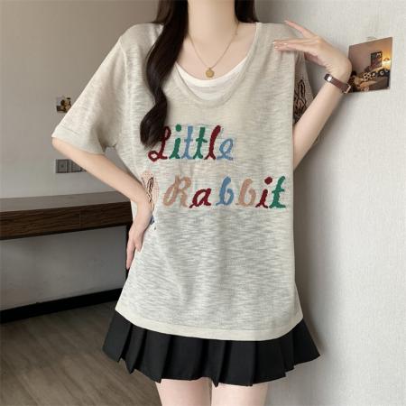 夏季新款大码假两件针织衫宽松显瘦薄款上衣 服裝批發女裝批發服飾貨源