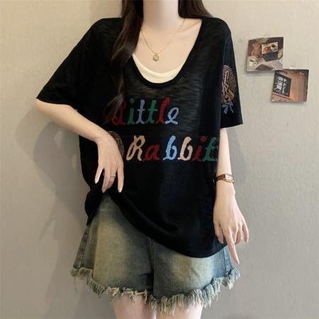 夏季新款大码假两件针织衫宽松显瘦薄款上衣 服裝批發女裝批發服飾貨源