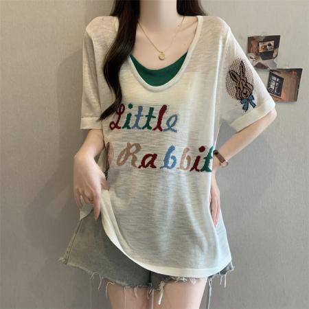 夏季新款大码假两件针织衫宽松显瘦薄款上衣 服裝批發女裝批發服飾貨源