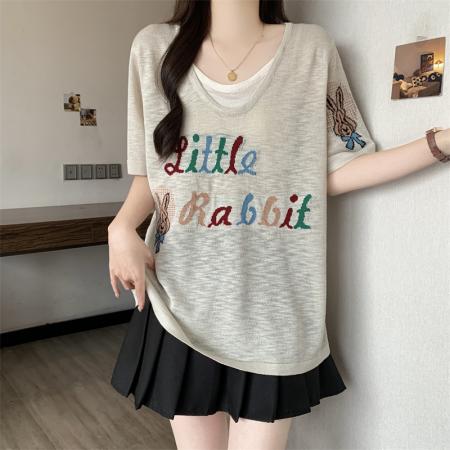 夏季新款大码假两件针织衫宽松显瘦薄款上衣 服裝批發女裝批發服飾貨源