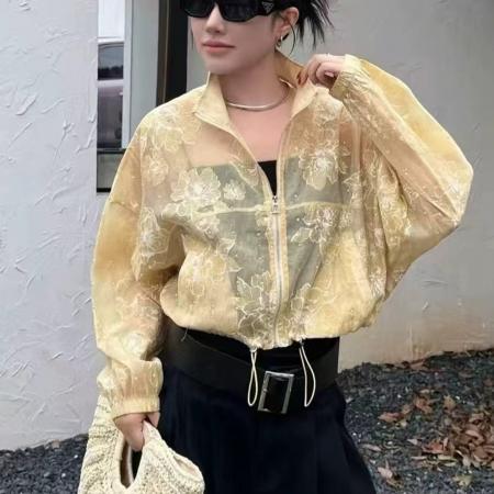 BY17510# 欧洲站春夏新款宽松休闲亮片提花透视立领拉链开衫女短款衬衫 服裝批發女裝批發服飾貨源