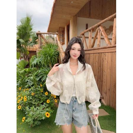 BY17510# 欧洲站春夏新款宽松休闲亮片提花透视立领拉链开衫女短款衬衫 服裝批發女裝批發服飾貨源