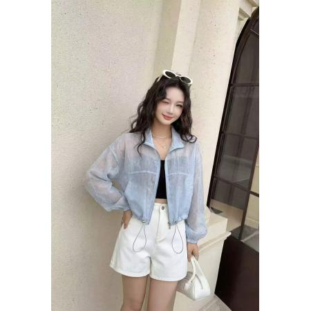 BY17510# 欧洲站春夏新款宽松休闲亮片提花透视立领拉链开衫女短款衬衫 服裝批發女裝批發服飾貨源