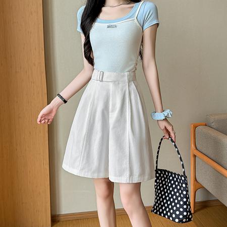 BY17514# 松紧腰a字休闲阔腿短裤女夏薄款百搭五分中裤子 服裝批發女裝批發服飾貨源