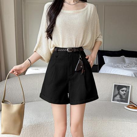 BY17517# 休闲短裤女夏季新款高腰显瘦A字卷边阔腿裤热裤 服裝批發女裝批發服飾貨源