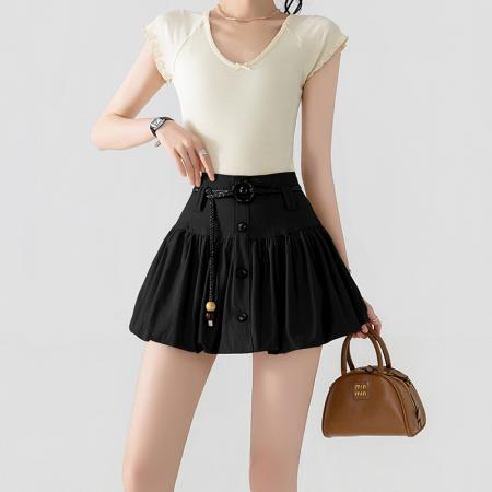 高腰花苞半身裙女夏季款百搭蓬蓬短裙单排扣A字包臀裙 服裝批發女裝批發服飾貨源