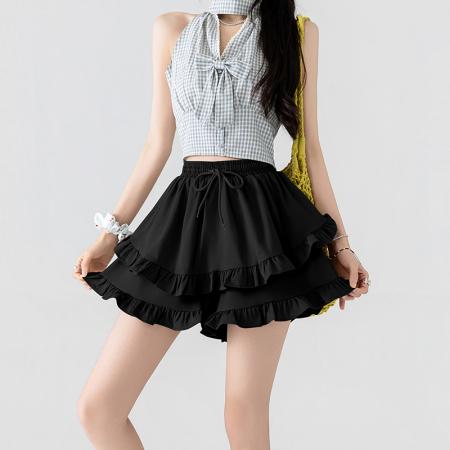 BY17519# 木耳边休闲短裤裙女夏款松紧腰显瘦蛋糕裙短裤裙 服裝批發女裝批發服飾貨源