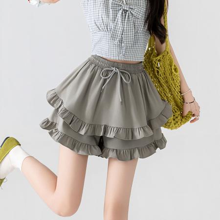 BY17519# 木耳边休闲短裤裙女夏款松紧腰显瘦蛋糕裙短裤裙 服裝批發女裝批發服飾貨源