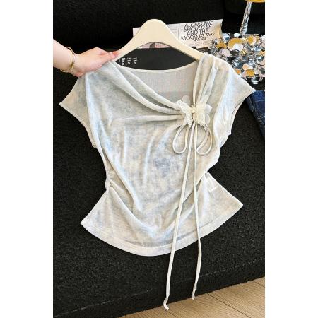 BY17524# 有货夏新扎染蝴蝶抽绳针织T高弹冰丝显侧腰捏褶气质上衣 服裝批發女裝批發服飾貨源