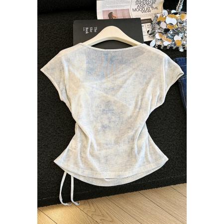 BY17524# 有货夏新扎染蝴蝶抽绳针织T高弹冰丝显侧腰捏褶气质上衣 服裝批發女裝批發服飾貨源