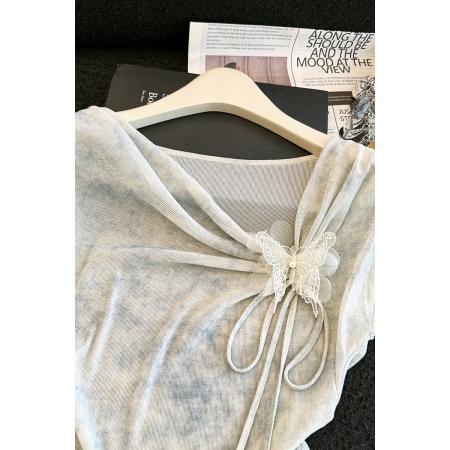 BY17524# 有货夏新扎染蝴蝶抽绳针织T高弹冰丝显侧腰捏褶气质上衣 服裝批發女裝批發服飾貨源