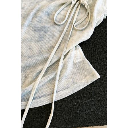 BY17524# 有货夏新扎染蝴蝶抽绳针织T高弹冰丝显侧腰捏褶气质上衣 服裝批發女裝批發服飾貨源