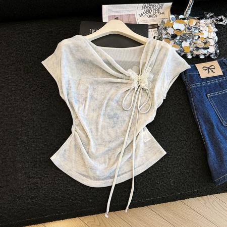 BY17524# 有货夏新扎染蝴蝶抽绳针织T高弹冰丝显侧腰捏褶气质上衣 服裝批發女裝批發服飾貨源