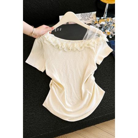 有货夏季新款韩版修身花朵斜肩设计感百搭套头小衫 服裝批發女裝批發服飾貨源