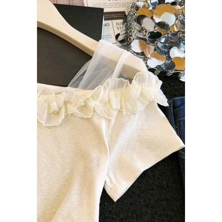 BY17525# 有货夏季新款韩版修身花朵斜肩设计感百搭套头小衫 服裝批發女裝批發服飾貨源