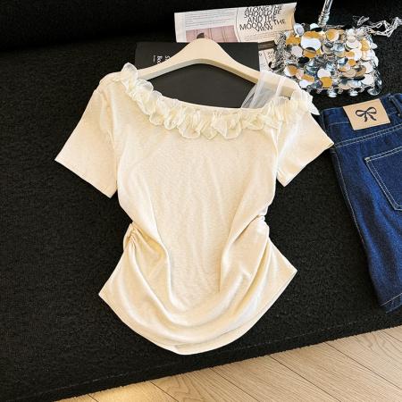 BY17525# 有货夏季新款韩版修身花朵斜肩设计感百搭套头小衫 服裝批發女裝批發服飾貨源