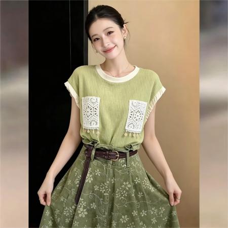 BY17527# 复古绿无袖圆领T恤夏季宽松休闲显瘦上衣 服裝批發女裝批發服飾貨源