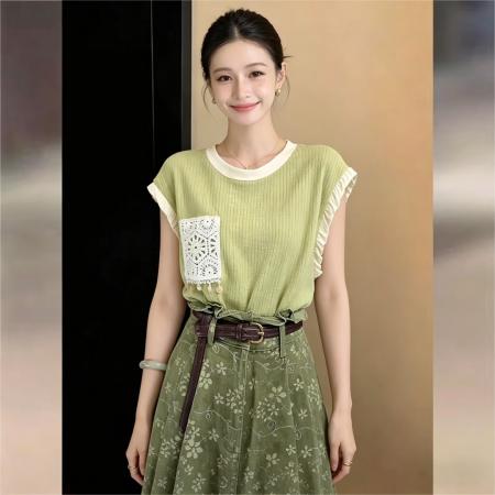 BY17527# 复古绿无袖圆领T恤夏季宽松休闲显瘦上衣 服裝批發女裝批發服飾貨源