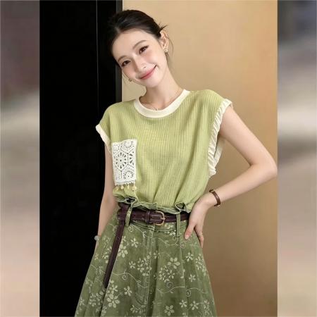 BY17527# 复古绿无袖圆领T恤夏季宽松休闲显瘦上衣 服裝批發女裝批發服飾貨源