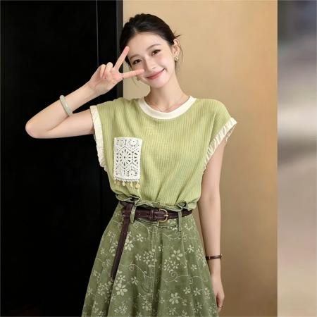 BY17527# 复古绿无袖圆领T恤夏季宽松休闲显瘦上衣 服裝批發女裝批發服飾貨源