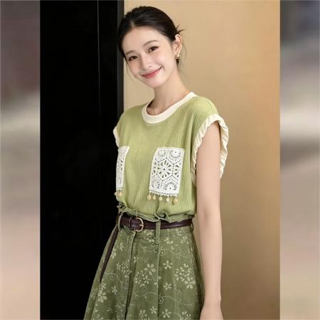 BY17527# 复古绿无袖圆领T恤夏季宽松休闲显瘦上衣 服裝批發女裝批發服飾貨源
