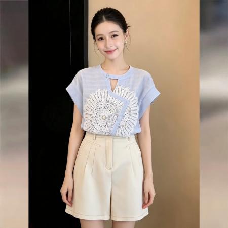 韩系甜美短袖短袖衬衫女夏季百搭上衣 服裝批發女裝批發服飾貨源